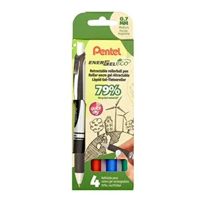 Abbildung von Pentel BL77E 4 EnerGel Eco Gel Tintenroller mit Druckmechanik, gefertigt 79% recycelten Materialien, 4er Set Schwarz/Rot/Blau/Grün, 1 Stück (4er Pack)