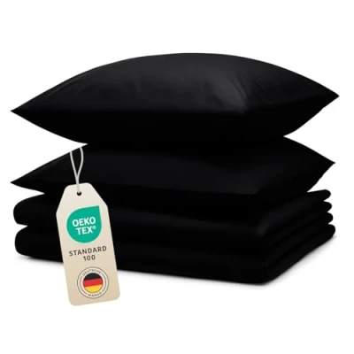 Abbildung von Blumtal Bettwäsche 2X 135x200cm + 40x80cm Kopfkissenbezug Oeko TEX zert. Mikrofaser Set Bettbezug Deckenbezug Kissenbezug 4 teilig Sommerbettwäsche Schwarz