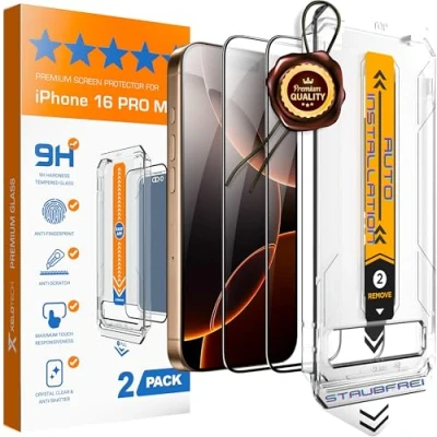 Abbildung von XeloTech Premium Schutzglas für iPhone 16 Pro MAX Aus Panzerglas Automatische Ausrichtung mit neuer Antistaub Schablone, 2 Gläser Extra Hart härter als 9H