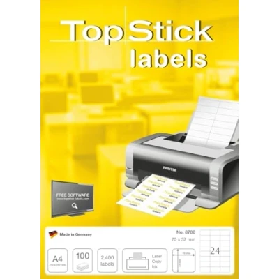 Abbildung von TopStick 8706 Adressetiketten, 100 Blatt, 70 x 37 mm, 24 pro A4 Bogen, 2400 Stück, selbstklebend, bedruckbar, matt, blanko Papier Adressaufkleber Etiketten, weiß