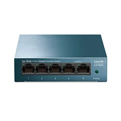 Abbildung von TP Link LS105G 5 Ports Gigabit Netzwerk Switch (5 RJ 45 Lan Ports, robustes Metallgehäuse, 802.1P/DSCP QoS, Plug and Play, lüfterlos) blau metallic