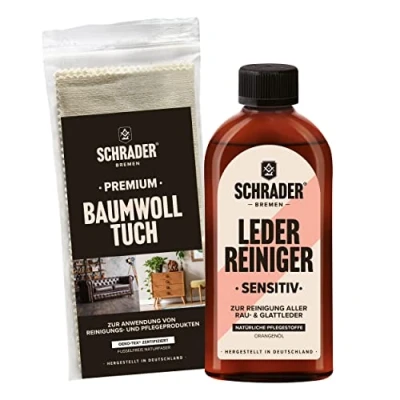 Abbildung von Schrader Leder Reiniger sensitiv Set Reinigungsmittel für raues &amp; glattes mit Poliertuch 2 teilig Made in Germany