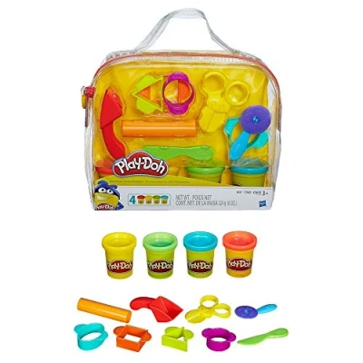 Abbildung von Play Doh Starter Set, mit 4 Dosen zu je 56 Gramm und 9 Accessoires zum Schneiden Formen, dazu Tasche Aufbewahren, für Kinder im Vorschulalter,