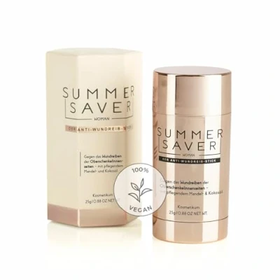 Abbildung von SUMMERSAVER WOMAN der Anti Wundreib Stick Deine Haut schützt Langanhaltender und effektiver Schutz, dermatologisch getestet Kokos Mandelöl pflegt die Haut, Vitamin E regeneriert