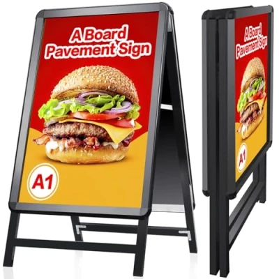 Abbildung von VAIIGO Kundenstopper DIN A1 Outdoor Plakatständer Wetterfest Schwarz, Aluminium Aufsteller Plakat, Gehwegaufsteller Doppelfederung Werbetafel