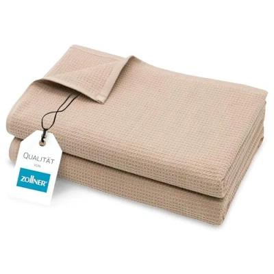 Abbildung von ZOLLNER 2er Set Saunatücher in 70x180 cm langlebige Badetücher beige mit praktischem Aufhänger Zeitloses Waffelmuster waschbar bis 95C Baumwolle Hotelqualität