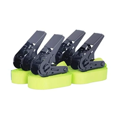 Abbildung von Sandax 4er Set Zurrgurte mit Ratsche, langlebige Einteilige Spanngurte, Ratschengurte, Länge 4 Meter (4m), Breite 25mm, Farbe neon gelb, TÜV Zertifiziert, belastbar bis 900kg, nach DIN EN 12195 2