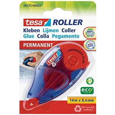 Abbildung von tesa Roller Kleben Permanent ecoLogo Nachfüllbarer Kleberoller mit reißfestem Band &amp; doppelseitigem Klebefilm lösungsmittelfrei 14 m x 8,4 mm