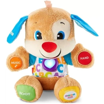 Abbildung von Fisher Price Lernspaß Hündchen mit drei Stufen sprechendes Kuscheltier Musik als Kinderspielzeug und Baby Spielzeug Interaktiver Teddybär, Version: UK Englisch , FPM43