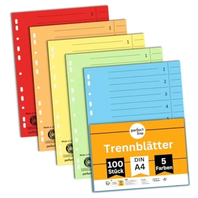 Abbildung von perfect line 100 Trennblätter, 5 Farben stabiles Recycling Papier, für DIN A4 Ordner und Ringbücher Blauer Engel zertifiziert, Made in Germany