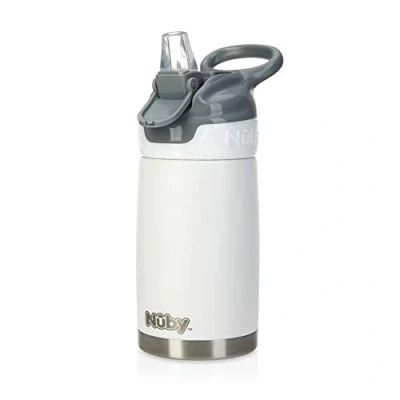 Abbildung von Nuby Thirsty Kids Flip It Reflex Edelstahlflasche für unterwegs Auslaufsicherer Babybecher mit sicherem Verschluss und Thermodesign 300 ml Reiseflasche Kinder in Weiß