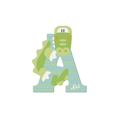 Abbildung von Sevi 83001 Tier Holzbuchstaben A Alligator, Türbuchstaben für Kinderzimmer, ABC Lernspielzeug aus Holz, pädagogisches Spielzeug Kinder ab 3 Jahren, Buchstabe Tiere sortiert, Rosa / Gelb Blau