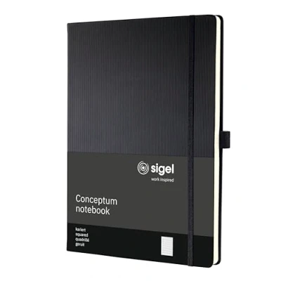Abbildung von SIGEL CO111 Premium Notizbuch kariert, A4, Hardcover, schwarz, aus nachhaltigem Papier Conceptum mit Seitenzahlen, Inhaltsverzeichnis, Stiftschlaufe, Falttasche