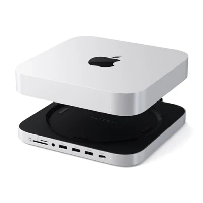 Abbildung von SATECHI Mac Mini Hub &amp; Ständer mit SSD Gehäuse für NVME SATA M.2, Dock USB C 10 Gbit/s, 3 A 5/10 2.0 Audio Buchse, M2/M1, Studio Silber