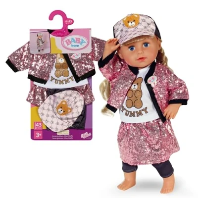 Abbildung von BABY born Glam Outfit mit pinkem Pailletten Rock &amp; Jacke, Shirt Teddydruck, Cap Leggins Hochwertiges Puppenzubehör Kleidung geeignet für Puppen der Größe 43 cm