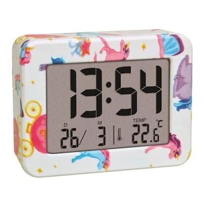Abbildung von TFA Dostmann Unicorn Kinder Wecker Mini, 60.2044.41, mit Datum und Innentemperatur, Weckalarm, batteriebetrieben, für Kinderzimmer, Schultüten, Einhorn Motiv