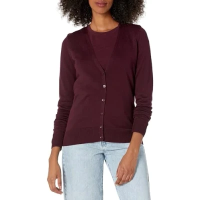 Abbildung von Amazon Essentials Damen Leichter Cardigan mit V Ausschnitt (in Übergröße erhältlich), Burgunderrot, M