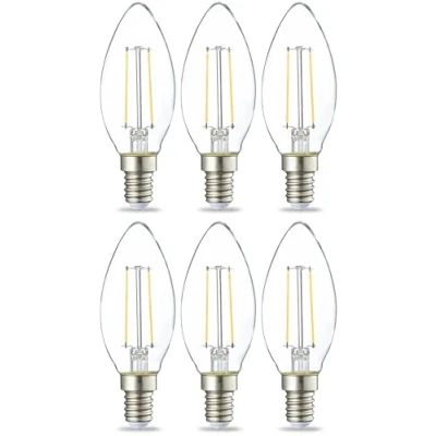 Abbildung von Amazon Basics LED Leuchtmittel in Kerzenform, kleines Edison Schraubgewinde (E14), 2.1 W (entspricht 25 Watt Birne), klares Filament, nicht dimmbar, 6 Stück, Warmweiß