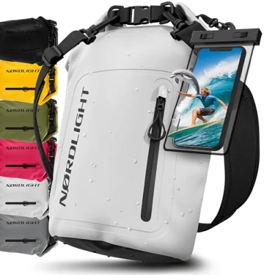Abbildung von Nordlight Dry Bag wasserdichte Tasche mit Handyhülle + Roll Top, Schultergurt Drybag wasserfester Rucksack Beutel Packsack Seesack Wassersack Wetbag Baden Schwimmen Strand SUP Weiß, 20 Liter