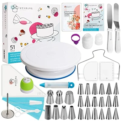 Abbildung von Wenburg Tortenplatte Drehbar 51 tlg. Tortenständer Set mit 28cm Drehbare &amp; Torten Zubehör für Anfänger und Profis Cake Stand, Drehteller Torte Kuchen