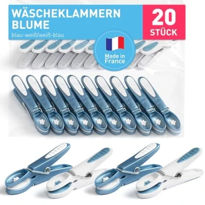 Abbildung von culiclean Wäscheklammern stabil ohne Abdruck Blume 20 Stück blau weiß/weiß robuste Kunststoff Kluppen Soft Grip Clothes Pegs ideal zum Aufhängen von Wäsche Hosen T Shirts Unterwäsche Socken