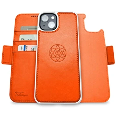 Abbildung von Dreem Fibonacci kompatibel mit iPhone 14 Brieftaschen Etui / 2 in 1 stoßfestes und abnehmbares Folio aus veganem Leder, MagSafe kompatibel, RFID Schutz [Orange]