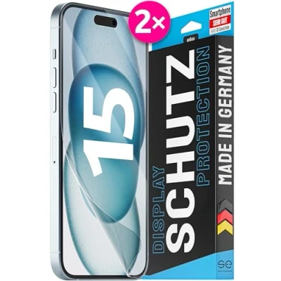 Abbildung von 2x se® 3D SCHUTZFOLIE Transparent für Apple iPhone 15 ,Selbstheilend, 100% Fingerabdruck &amp; FaceID kompatibel, einfache blasenfreie Installation, Ultra Klar, Stoß Kratzfest, produziert in Deutschland