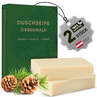 Abbildung von larum sports feste Duschseife Männer Zirbenwald, festes Duschgel, Seife für Haare, Körper, Gesicht, Shampoo Männer, Herren Naturseife 2x Bio Stück à 85g