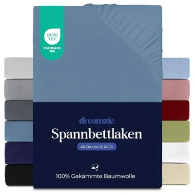 Abbildung von Dreamzie Premium Spannbettlaken 70x160 cm, Spannbetttuch für Dicke Matratzen bis zu 12 Bettlaken 100% Jersey Baumwolle, 150 g/m², Oeko TEX Zertifiziert Blau