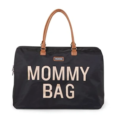 Abbildung von Childhome, Mommy Bag, Wickeltasche, Mutterschaft, Reisetasche, Großes Fassungsvermögen, Wickelunterlage, Verstellbarer Schulterriemen, Unterteilt, Isoliertasche, Kofferdurchführung, Schwarz/Gold