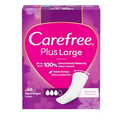 Abbildung von Carefree Slipeinlagen Plus Large mit leichtem Duft (48 Stück), super saugstarke &amp; extra breite Slipeinlagen, um Flüssigkeiten sofort einzuschließen, Größe