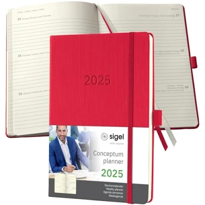 Abbildung von SIGEL C2564 Terminplaner Wochenkalender 2025, ca. A5, rot, Hardcover, 192 Seiten, Gummiband, Stiftschlaufe, Archivtasche, aus nachhaltigem Papier, Conceptum