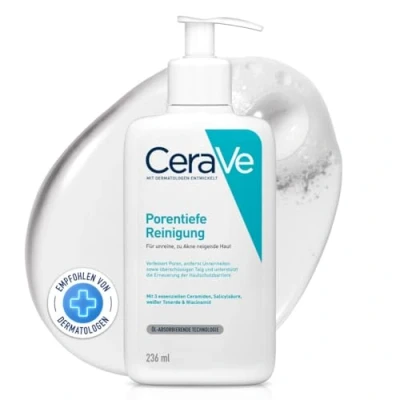 Abbildung von CeraVe Schäumendes Reinigungsgel für das Gesicht, Porentiefe Reinigung bei unreiner und zu Akne neigender Haut, Mit Salicylsäure, weißer Tonerde Niacinamid, 236 ml