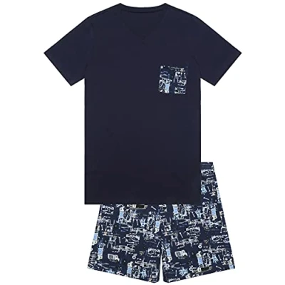Abbildung von Jungen Schlafanzug kurz, weicher Single Jersey aus 100% Baumwolle und Hose in Bermuda Form mit Motiv Constructor, Nachtblau Grösse 164