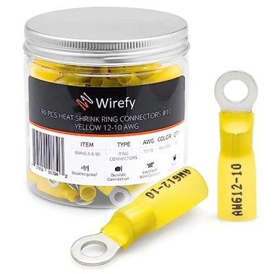 Abbildung von Wirefy Gelbe Ringkabelschuhe Schrumpfverbinder M5 Lötfreie Kabelschuhe Sortiment Ringkabelschuh Quetschverbinder 4 6 mm² 90 Stück