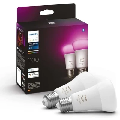Abbildung von Philips Hue White &amp; Color Ambiance E27 LED Lampen 2 er Pack (1100), TESTSIEGER Stiftung Warentest (01/2024), dimmbare mit 16 Mio. Farben, smarte Lichtsteuerung über Sprache und App