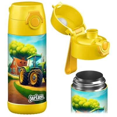 Abbildung von JARLSON® Trinkflasche Kinder &quot;MALI&quot; Thermo Edelstahl Wasserflasche BPA frei auslaufsicher Kinderflasche mit Chug Deckel Flasche für Schule, Kindergarten Traktor, 350 ml