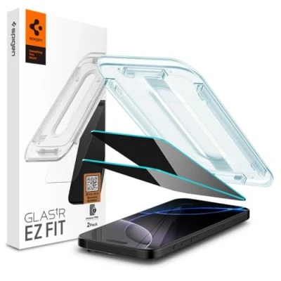 Abbildung von Spigen Glas.tR EZ Fit Sichtschutz Schutzfolie kompatibel mit iPhone 16 Pro, 2 Stück, Privacy Schutz, Kratzfest, 9H Härte Folie