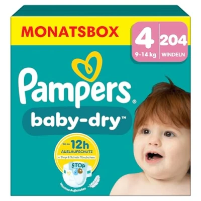 Abbildung von Pampers Windeln Größe 4 (9 14kg) Baby Dry, Maxi, MONATSBOX, bis zu 12 Stunden Rundum Auslaufschutz, 204 Stück