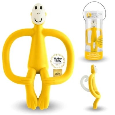 Abbildung von Matchstick Monkey Beißring Affe Original Baby Zahnungshilfe weiche Noppen massieren wundes Zahnfleisch Silikon BPA frei Greifling für Zahnen ab 3 Monaten gelb