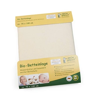 Abbildung von GRÜNSPECHT Bio Betteinlage 70x100cm, Matratzenschutz, 100 % Baumwolle (kbA) mit PU Kern, kochfest &amp; trocknergeeignet, wasserdicht urinundurchlässig (616 00)