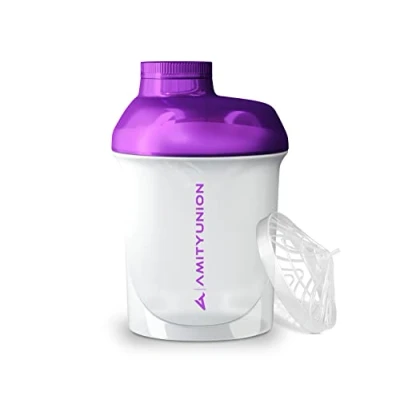 Abbildung von AMITYUNION Frauen Protein Shaker 400 ml Weiss Lila Deluxe ORIGINAL Eiweiß auslaufsicher BPA frei mit Sieb, Skala für Cremige Whey Shakes, Gym Fitness Becher Isolate, BCAA Pulver