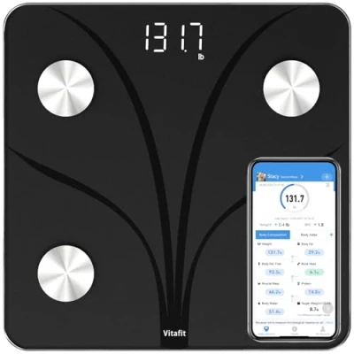 Abbildung von Vitafit Körperfettwaage Waage Personen Personenwaage digital mit APP 180kg, Professionelle Wägefabrik seit 2001, Körperanalysewaage Bluetooth, Körperwaage für Körperfett, BMI, Muskelmasse,Schwarz