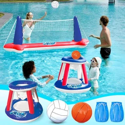 Abbildung von JOYIN Aufblasbare Pool Float Set, Volleyballnetz &amp; Basketballkörbe Bälle für Kinder und Erwachsene, Wasserballspiel Poolspielzeug Volleyball Basketball Spielzeug, Wassersport Sommerspielzeug