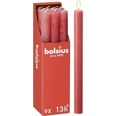 Abbildung von Bolsius Rustik Stabkerzen Rosa 9 Stück 27 x 2.3 cm Länge Brenndauer 13 Stunden Unparfümierte Enthält Natürliches Pflanzenwachs Ohne Palmöl
