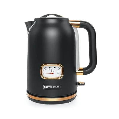 Abbildung von MUSE Edelstahl Retro Wasserkocher mit analoger Temperaturanzeige, Filter, transparenter Skala, 1,7L Fassungsvermögen, Automatische Abschaltung, matt schwarz gold (MS 030 BC)
