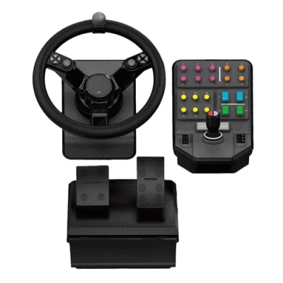 Abbildung von Logitech G Saitek Farm Sim Controller, Farming Simulator Bundle bestehend aus Lenkrad, Steuerkonsole, Gas und Bremspedal, 900 Lenkbereich, 38+ Tasten, USB Anschluss, PC/Mac Schwarz