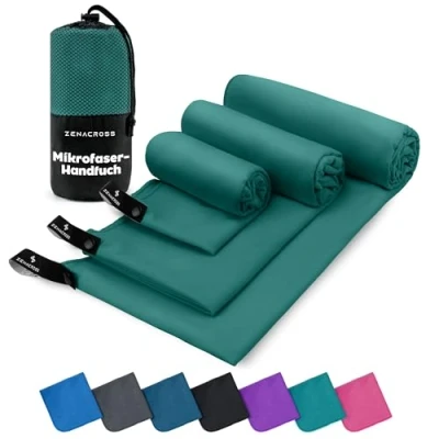 Abbildung von ZENACROSS Mikrofaser Handtuch 3er Set mit Transportbeutel Schnelltrocknendes und vielseitiges Fitness Sporthandtuch Größen XS, S, M Petrolgrün
