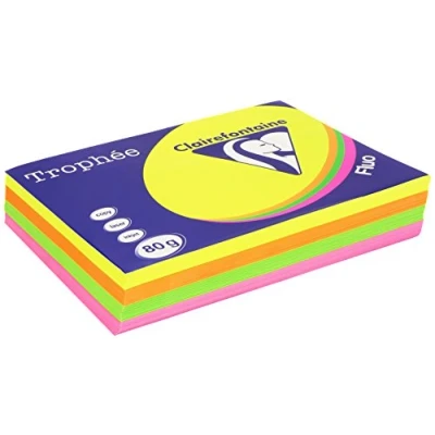 Abbildung von Clairefontaine 1705P Druckerpapier Trophée, für alle Laserdrucker, Kopierer und Tintenstrahldrucker, DIN A4 (21 x 29,7 cm), 80g, 1 Ries mit 500 Blatt, Neon Farben sortiert