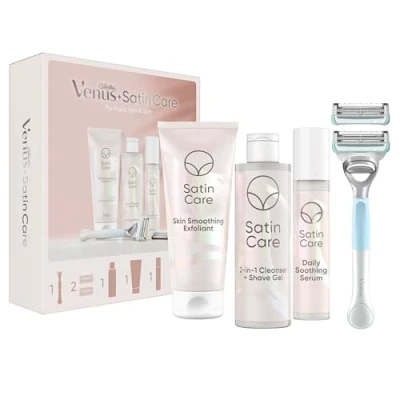 Abbildung von Gillette Venus für den Intimbereich Rasierer Damen und Geschenkset, Damenrasierer + 2 Rasierklingen, Peeling, in 1 Reinigungs Rasiergel, Serum, Kosmetiktasche, Geschenk Frauen